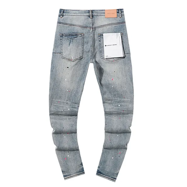 Purple Brand Distressed Paint-Splatter Light-Wash Slim-Fit Jeans