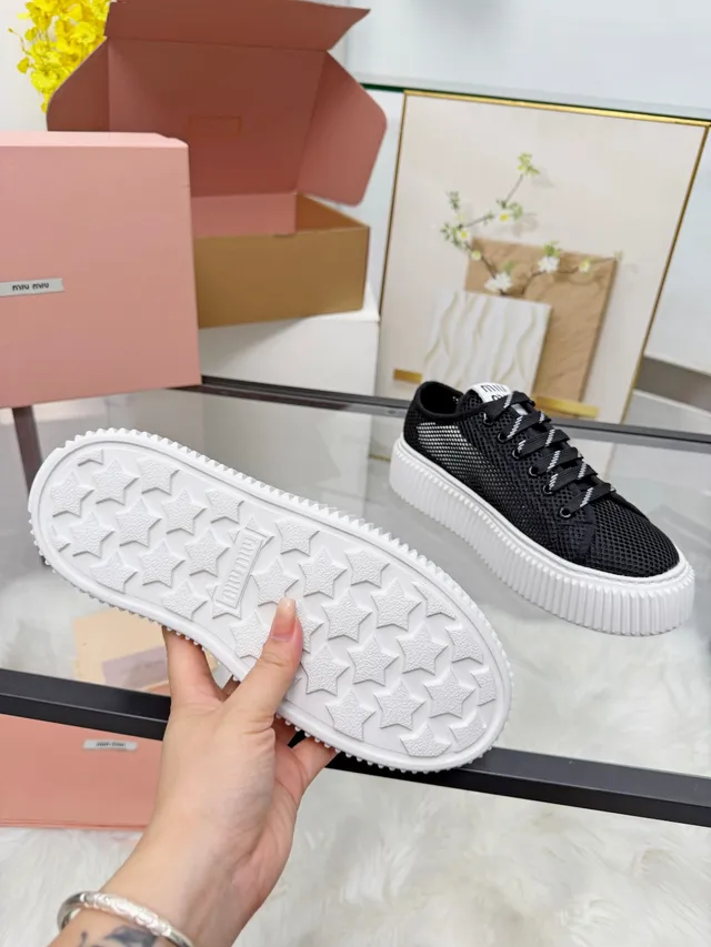 Miu Miu Wander Black White Mesh Upper Ridged Platform Sole Chunky Sneakers