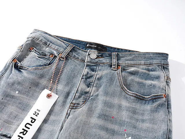 Purple Brand Distressed Paint-Splatter Light-Wash Slim-Fit Jeans
