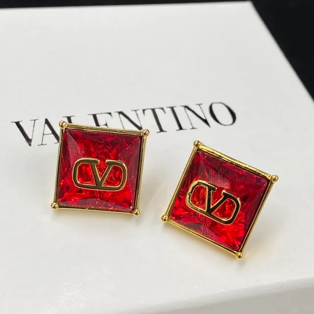 Valentino VLTN Red Gold Square-Cut Faceted Stones Logo Earrings