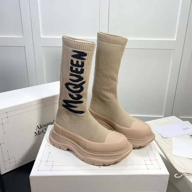 Alexander McQueen Tread Slick Beige Knit Logo Knee Boots