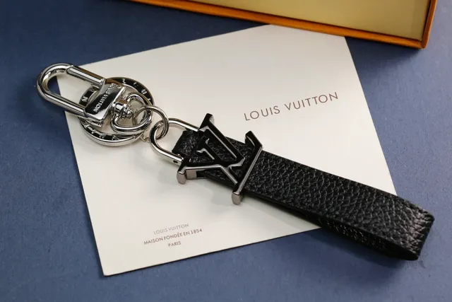 Louis Vuitton LV Monogram Keychain Black White Leather Strap Metal Charm Phone Case