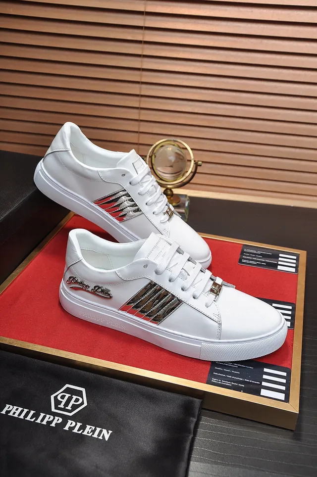 Philipp Plein White Silver Leather Upper Metallic Snakeskin Stripes Sneakers