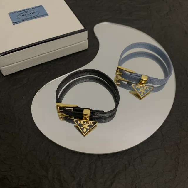 Prada Triangle Charm Blue Gold Thin Leather Strap Buckle Bracelet