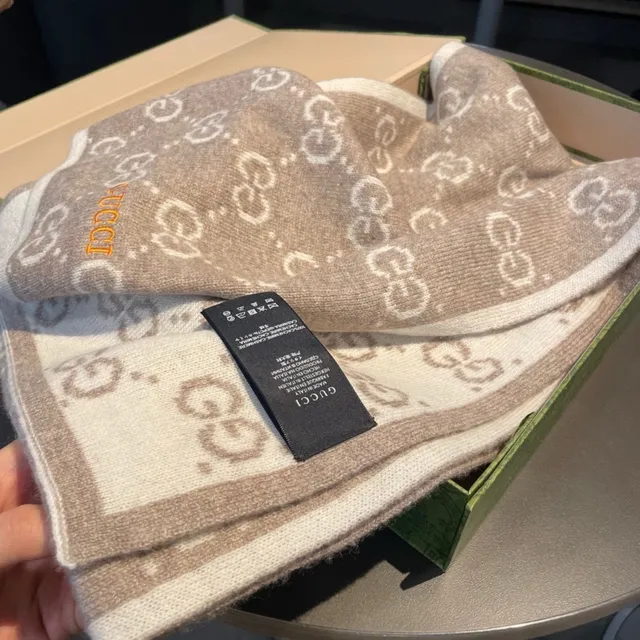 Gucci GG Monogram Knitted Beige and Taupe Cashmere Scarf