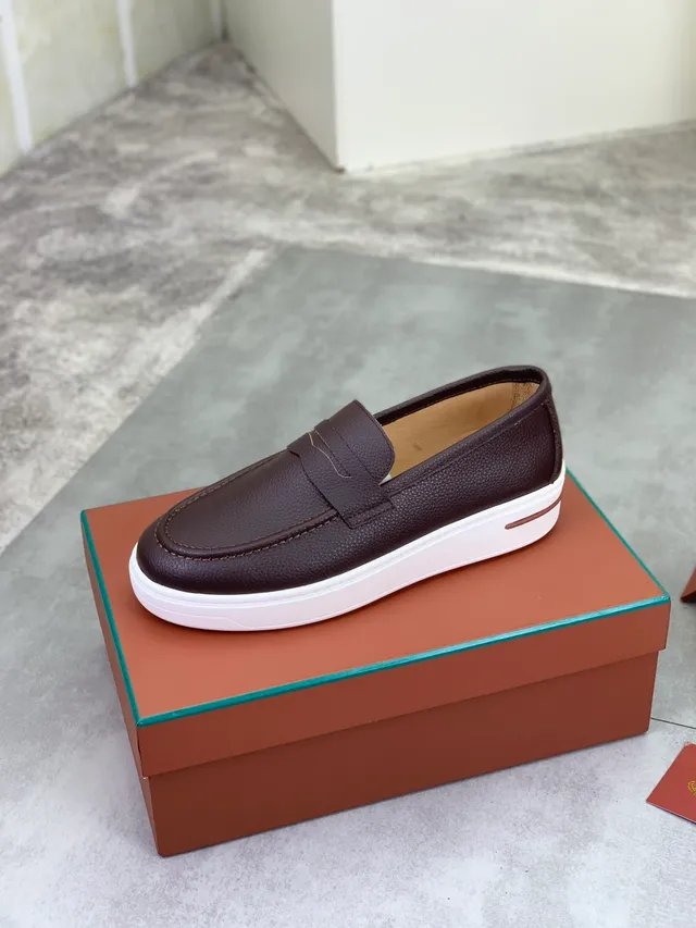 Loro Piana Brown White Pebbled Leather Penny Strap Loafer