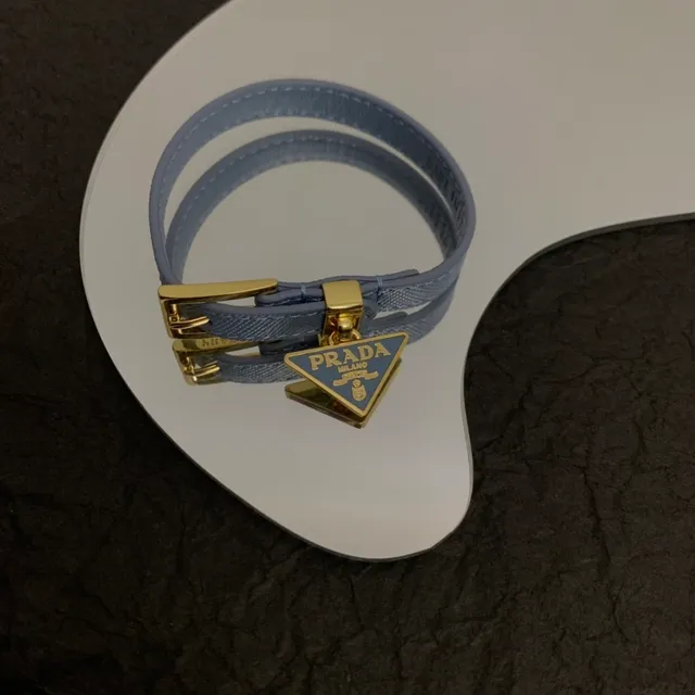 Prada Triangle Charm Blue Gold Thin Leather Strap Buckle Bracelet