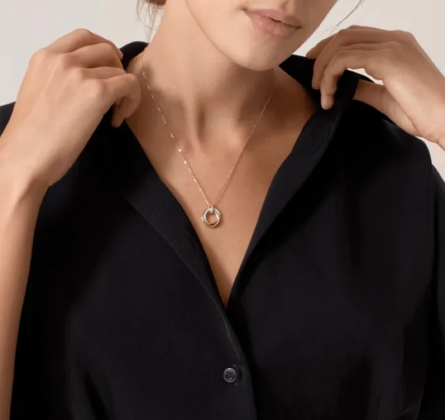Cartier Gold Black Interlocking Double-Ring Pendant Pavé-Diamond Accent Necklace