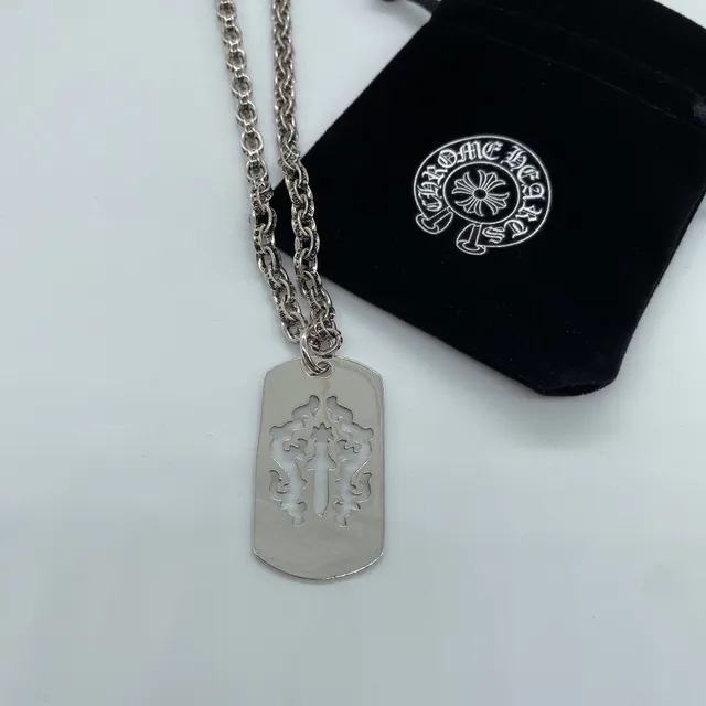 Chrome Hearts Dog Tag Necklace Silver Silhouette Cutout Cross-and-Sword Motif Necklace