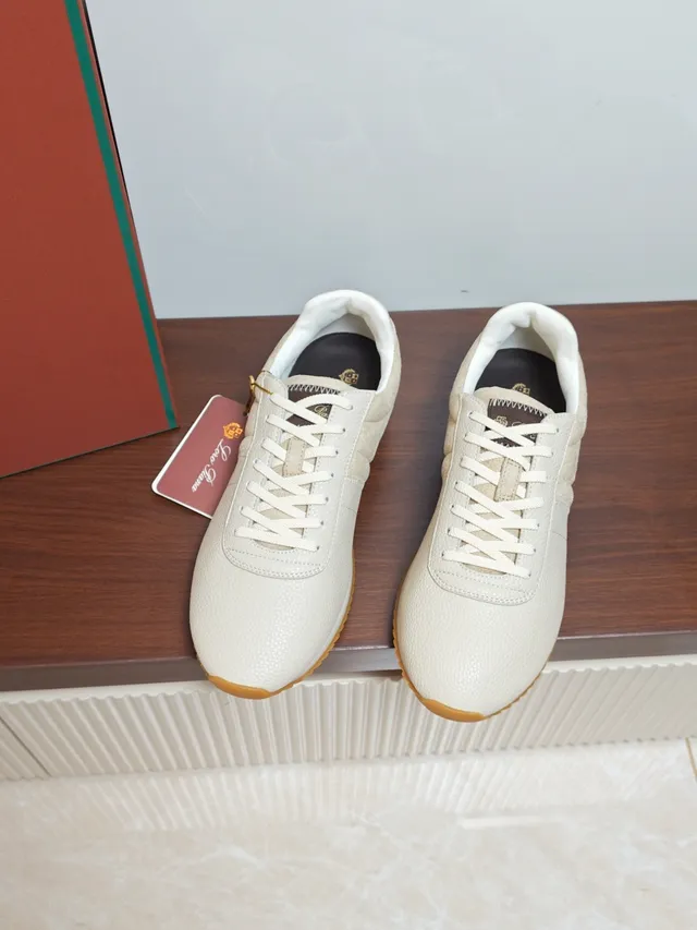 Loro Piana Beige White Textured Leather Upper Suede Side Panels Sneakers