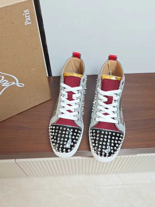 Christian Louboutin Louis Spikes Silver Red High-Top Studded Toe Lifestyle Sneakers