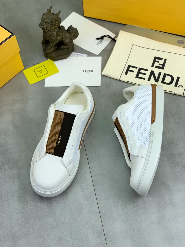Fendi White Brown Slip-On Perforated Side Panel Lifestyle Sneakers