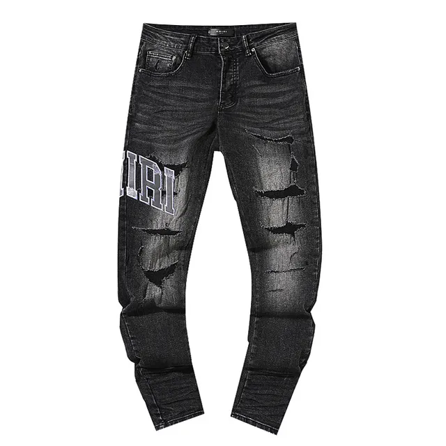 Amiri Graphic Print Distressed Black Wash Slim-Fit Jeans