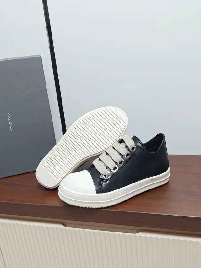 Rick Owens Black White Low-Top Leather Upper Lifestyle Sneakers