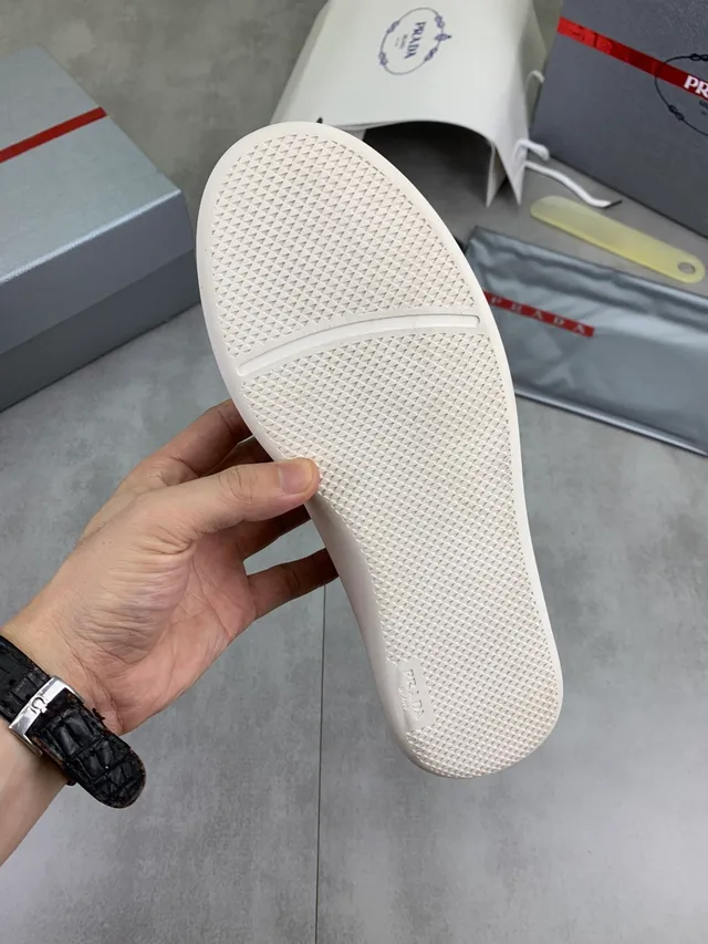 Prada Beige White Smooth Leather Upper Flat Laces Lifestyle Sneakers