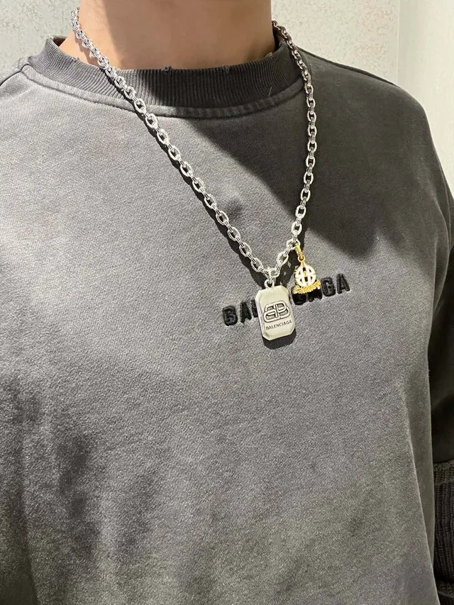 Balenciaga Multi-Charm Necklace Silver Gold Chunky Link Chain Rectangular Engraved Pendant Necklace