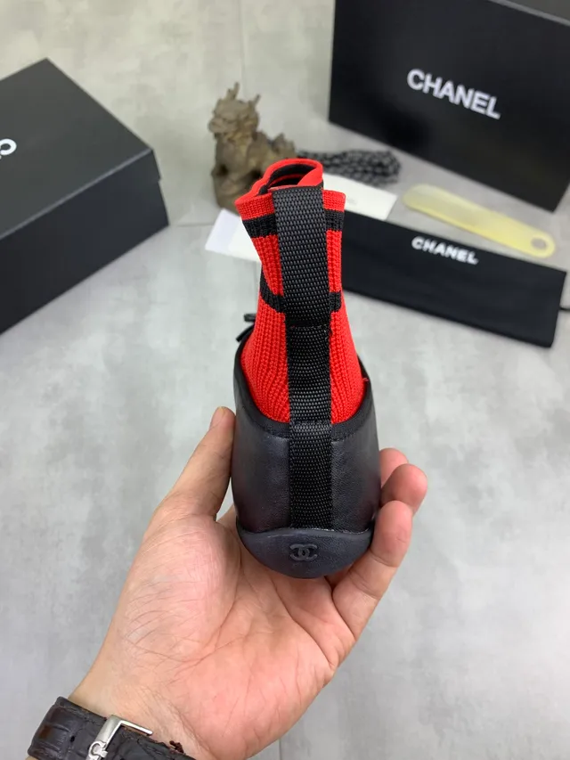 Chanel Red Black Knit Sock Upper Leather Toe Cap Ballet Flat