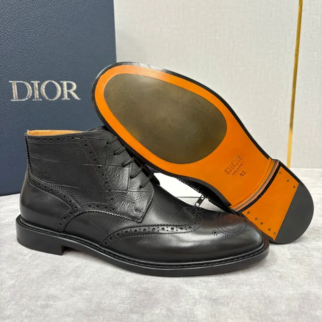 Dior Black Beige Brogue-Toe Crocodile-Embossed Ankle Boots