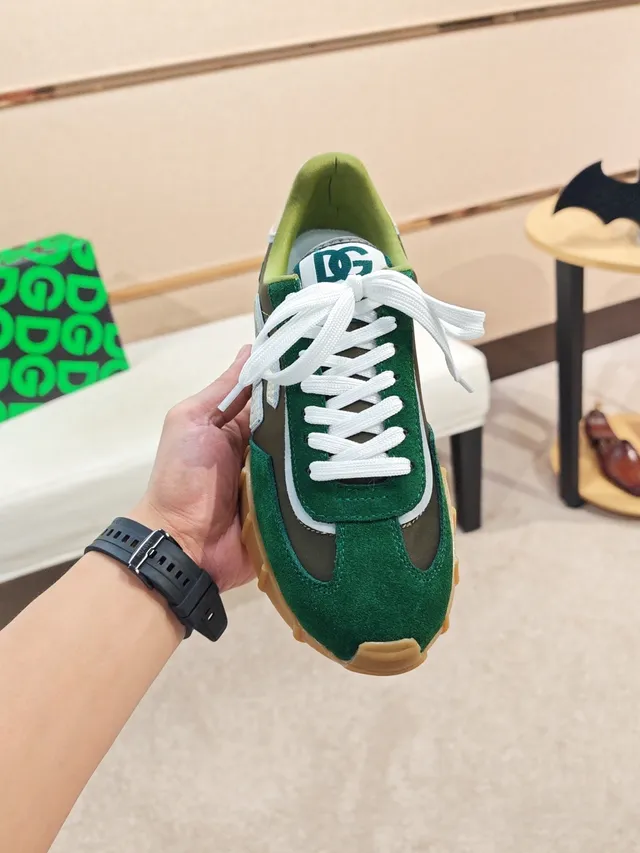 Dolce & Gabbana Green Beige Layered Suede And Mesh Upper Prominent DG Logo Patch Lifestyle Sneakers
