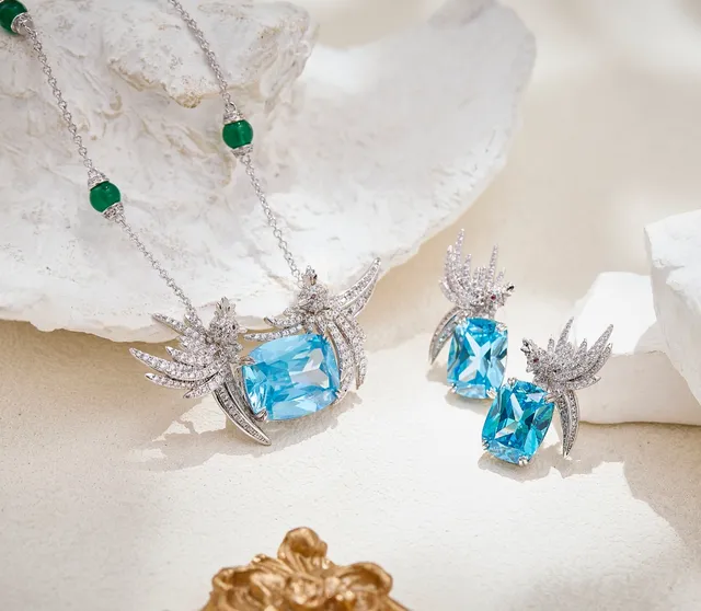 Bird-Wing Motif Pavé-Set Cushion-Cut Blue Gemstone Earrings