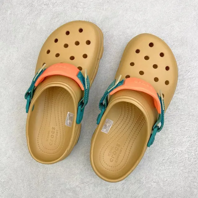 Crocs Echo Beige Blue Molded Foam Adjustable Strap Clog