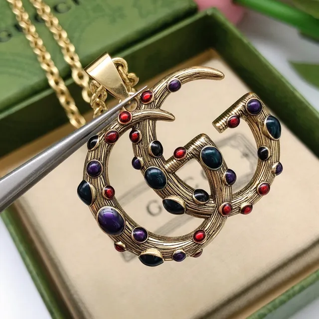 Gucci GG Marmont Multistone Interlocking G Pendant Necklace