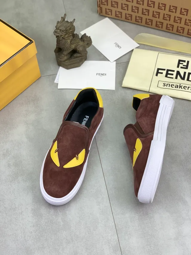 Fendi Monster Eye Brown and Yellow Suede Slip-On Lifestyle Sneakers