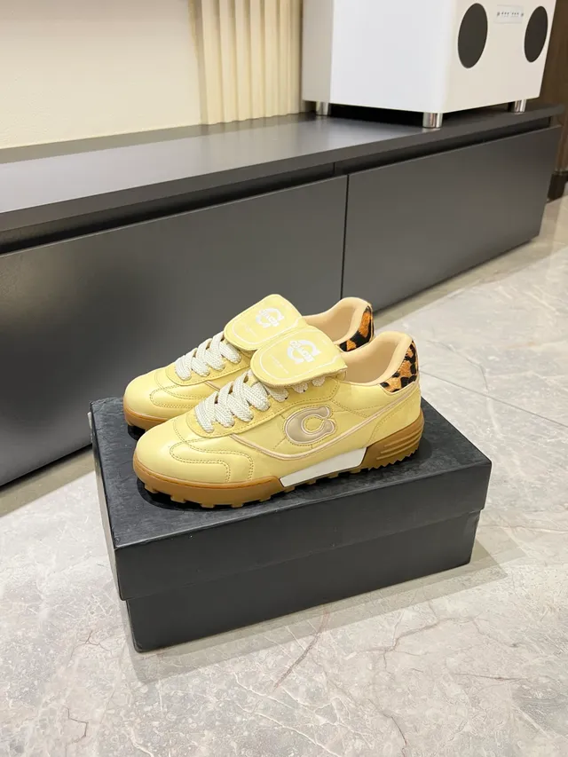Coach Yellow Brown Low-Top Leopard-Print Heel Tab Sneakers