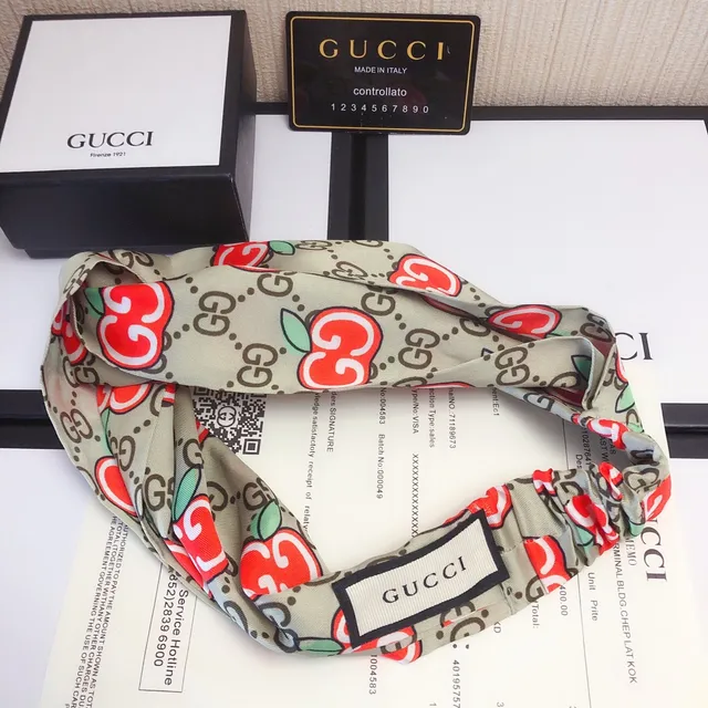 Gucci Apple GG Beige Red Knotted Headband Monogram Print Silk Scarf
