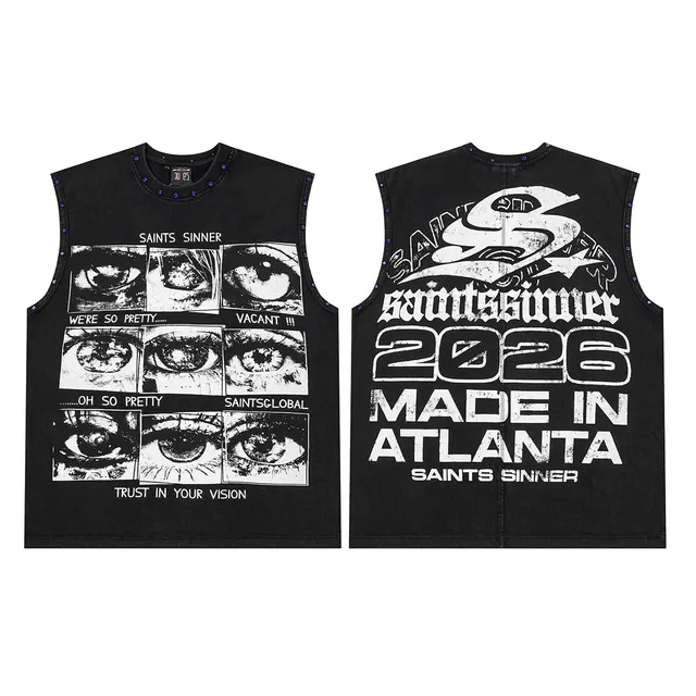 Saints Sinner Graphic-Print Rhinestone-Trimmed Black Denim Vest Top
