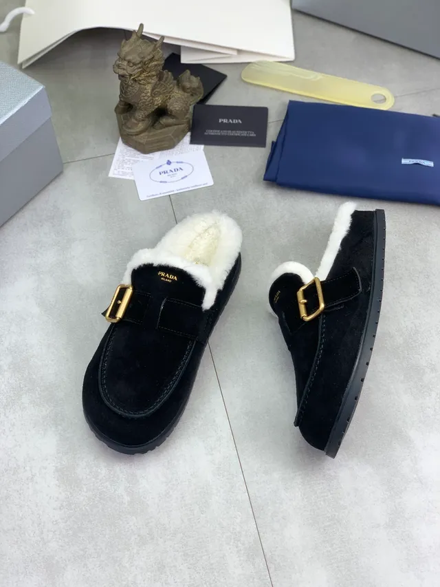 Prada Black Suede Shearling-Lined Buckle Loafer