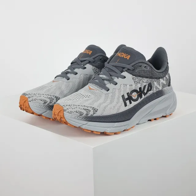 Hoka Gray Orange Engineered Knit Upper Maximalist Cushioned Midsole Running Shoes