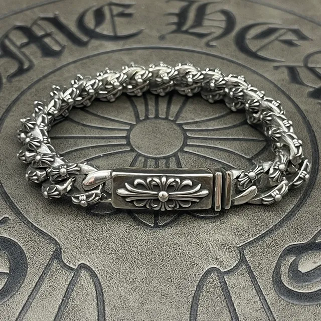 Chrome Hearts Curb Chain Bracelet Silver Heavy Floral Cross Motif Bracelets
