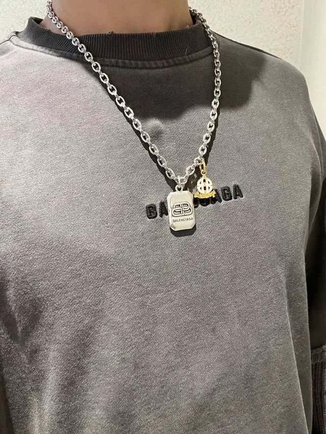 Balenciaga Multi-Charm Necklace Silver Gold Chunky Link Chain Rectangular Engraved Pendant Necklace