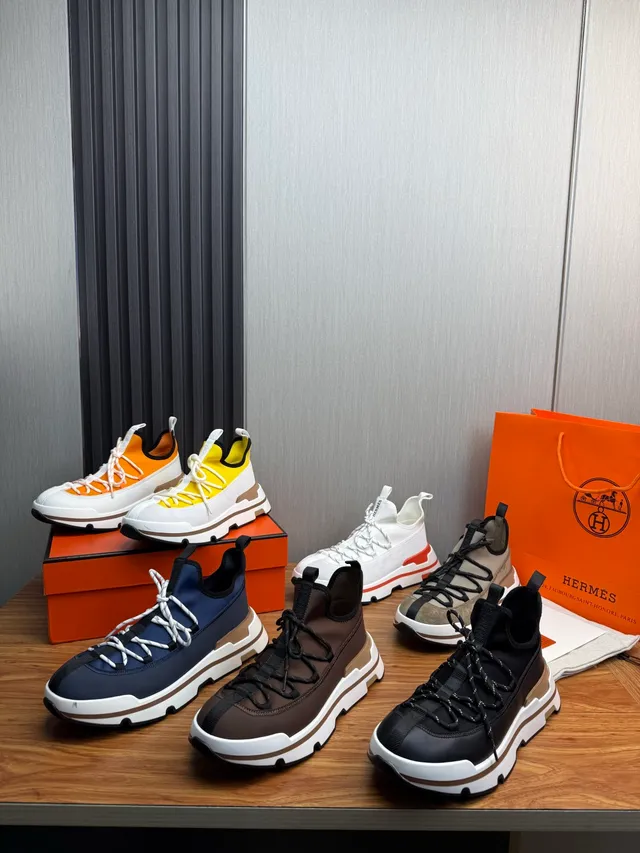 Hermès White Gray Chunky Sole Mixed Leather-Mesh Upper Sneakers