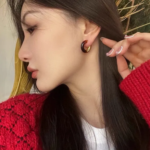 Bottega Veneta C-Shaped Hoop Brown Green Resin Inlay Earrings