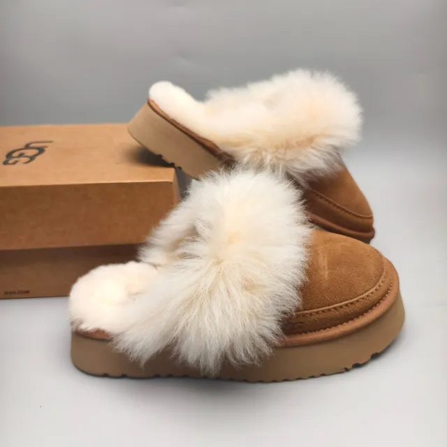 UGG Tasman Tan Suede Shearling-Trimmed Platform Slippers