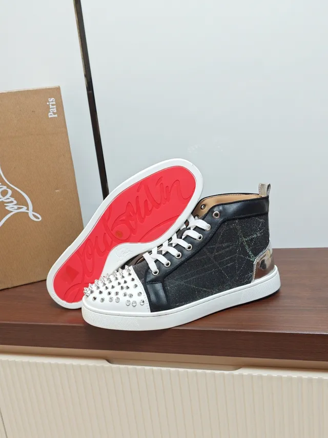 Christian Louboutin Lou Spikes Black White High-Top Studded Toe Cap Lifestyle Sneakers