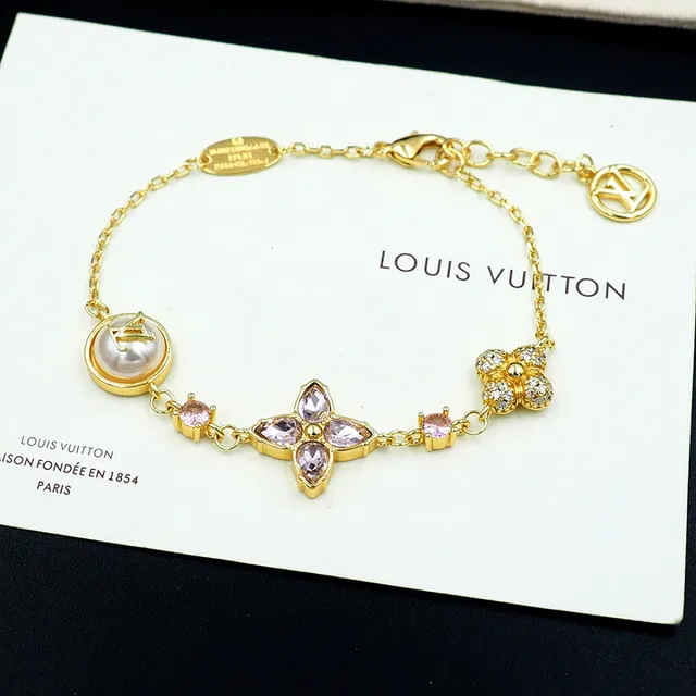 Louis Vuitton Gold-Tone Pearl and Pink Crystal Floral Charm Bracelet