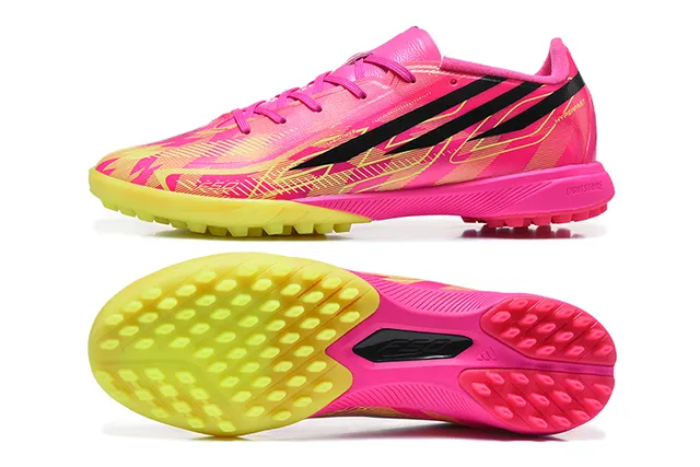 Adidas Pink Yellow Low-Profile Synthetic Upper Asymmetrical Lacing Artificial-Grass Soccer Shoes