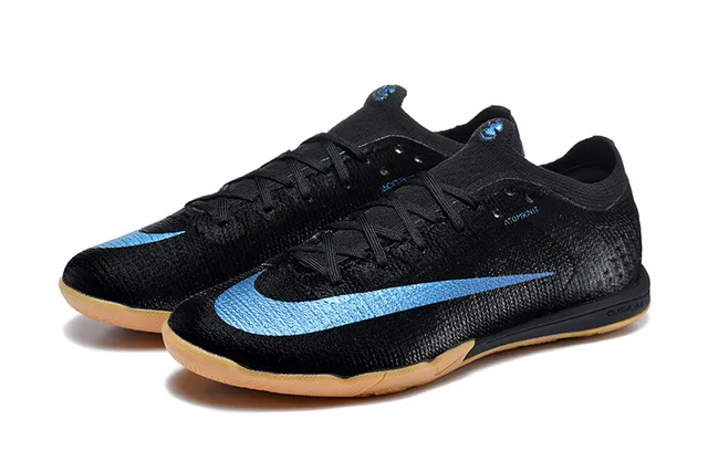 Nike Black Blue Knit Upper Gum Rubber Outsole Indoor Soccer Shoes