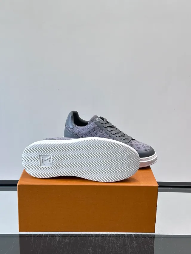 Louis Vuitton Gray White Monogrammed Canvas Upper Contrasting Dark Leather Overlays Lifestyle Sneakers