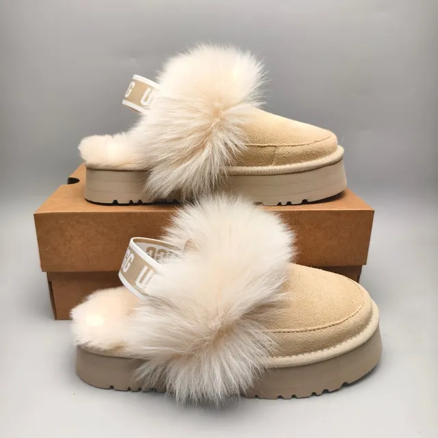 UGG Tasman Beige White Platform Sole Pom-Pom Fur Trim Casual Shoes