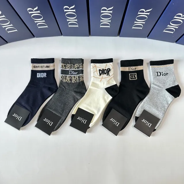 Dior Black Gray Ribbed Cuff Logo-Integrated Knit Socks