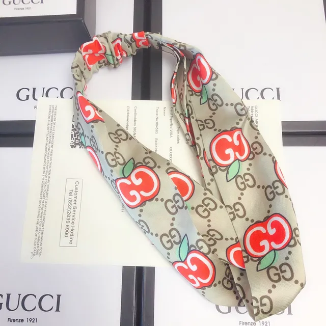 Gucci Apple GG Beige Red Knotted Headband Monogram Print Silk Scarf