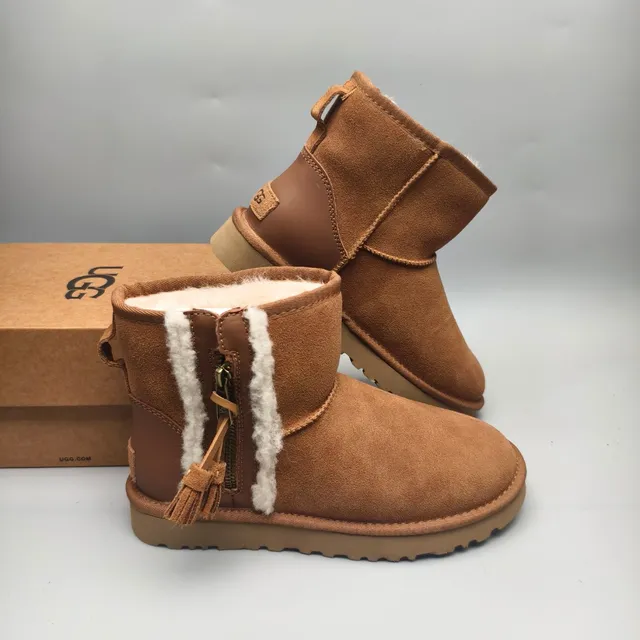 UGG Brown Beige Suede Upper Shearling Trim Ankle Boots
