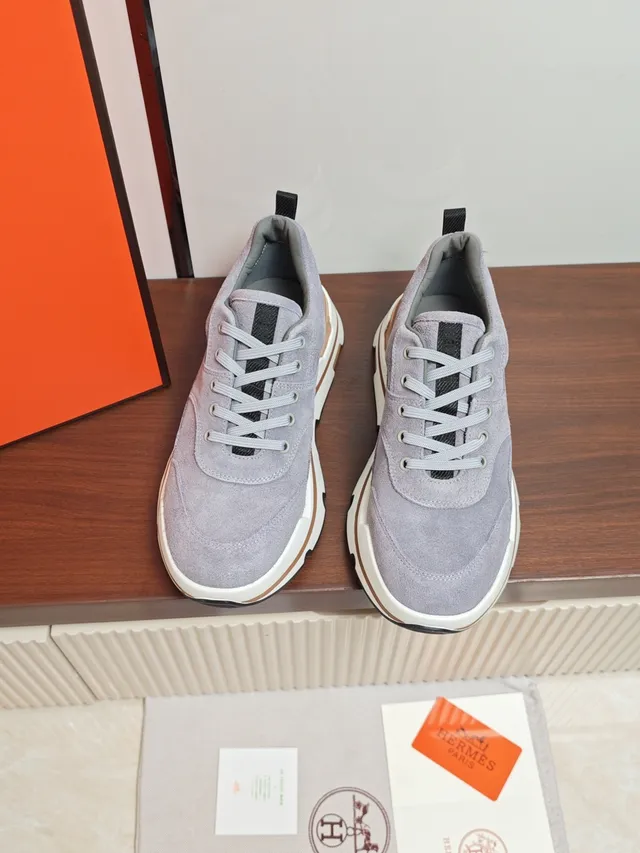 Hermès Gray Beige Suede Upper Layered Multi-Color Sole Sneakers