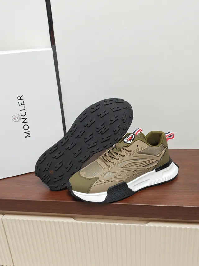 Moncler Army Green Beige Multi-Material Upper Sculpted White Midsole Sneakers