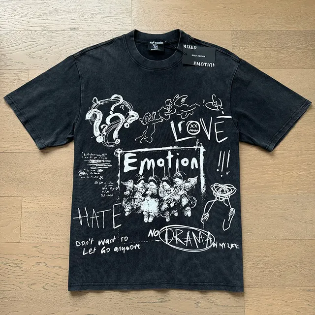 Mixed Emotion Graphic Print Distressed Black Oversized T-Shirt