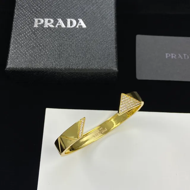 Prada Geometric Pavé Crystal Gold-Tone Open Cuff Bracelet